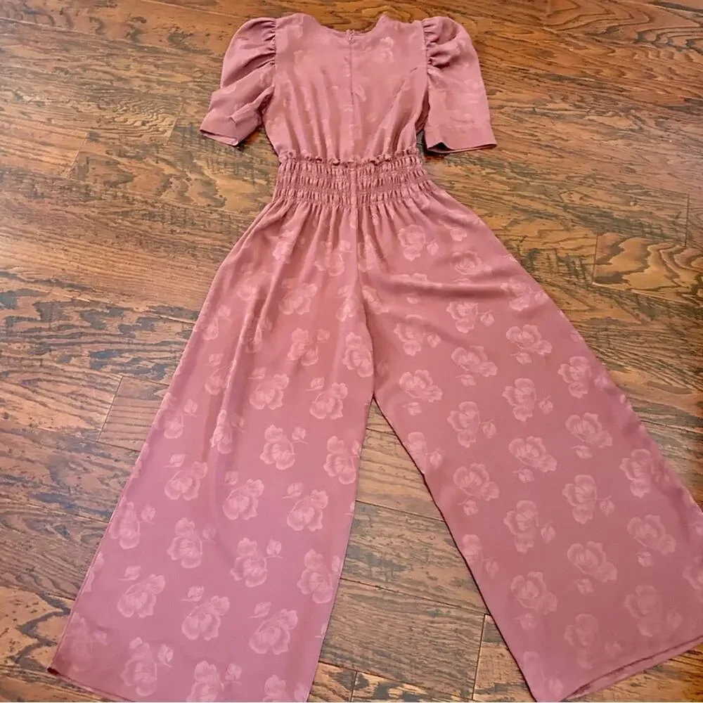 Anthropologie Castille Satin Jacquard Wide Leg Jumpsuit in Rose/Brown Sz Small